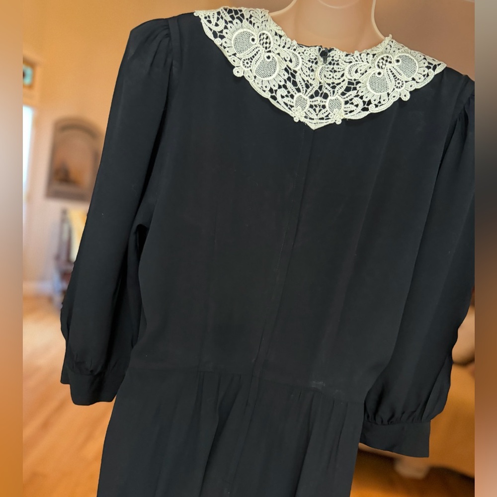 VTG 80s Jane Singer Black Cream Lace Dress Romantic Witchy Whimsygoth Prairie 14 - Picture 8 of 13